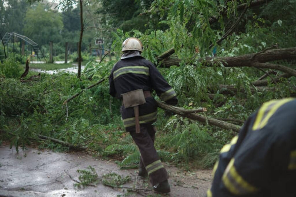 Emergency tree service crew removing storm-damaged tree near a home in Streetsboro, Ohio
