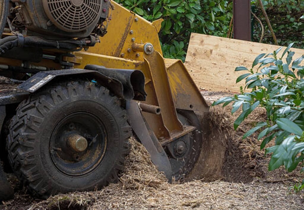 Stump grinding equipment removing a large tree stump from a residential yard in Streetsboro, Ohio